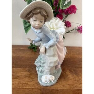Vintage NAO Lladro Girl Leaning on Fence with Puppy Figurine Hand Made in Spain